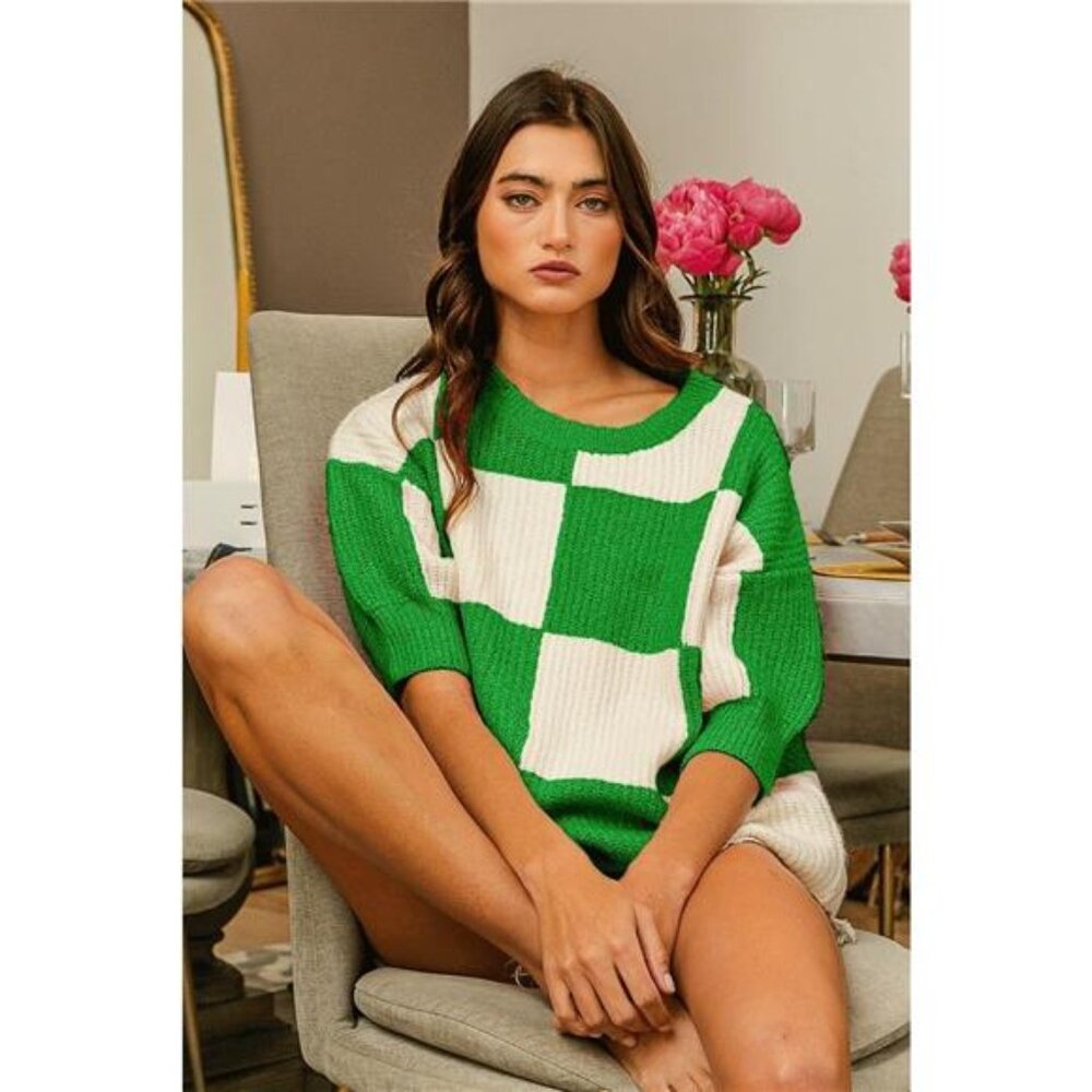 BiBi Checkered Contrast Round Neck‎ Sweater